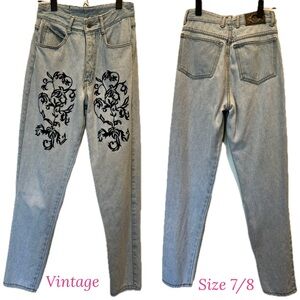 Vintage 80’s Jeans with Black Scroll Floral Design Cotton Size 7/8